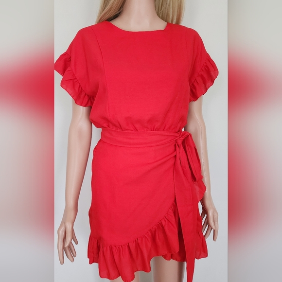 ETOPHE STUDIOS RED ORANGE FAUX WRAP SHOR FRILLS WAIST TIE DRESS LARGE - Picture 2 of 13